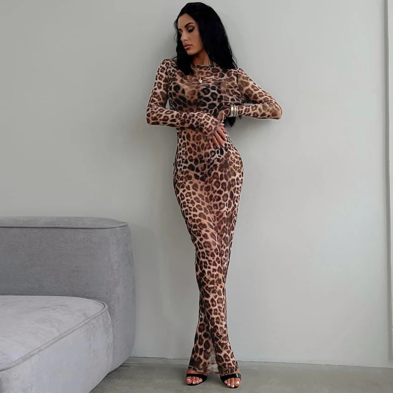 Tigerlily | Leopard Print Mesh Long-Sleeve Open-Back Maxi Dress